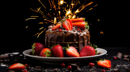 Chocolate cake with strawberries and sparklers on a black background.の素材