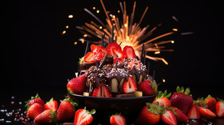 Chocolate cake with fresh strawberries and sparklers on black background.の素材