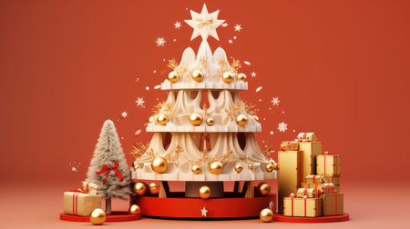 3d illustration of christmas tree with gift boxes on red backgroundの素材