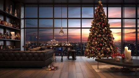 3D rendering of a living room interior with a christmas treeの素材