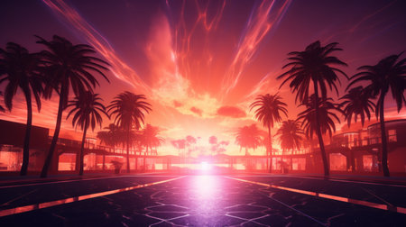 Palm trees and sunset in the city. 3D rendering.の素材