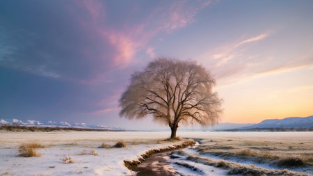 Beautiful winter landscape with lonely tree in the field. Panoramaの素材
