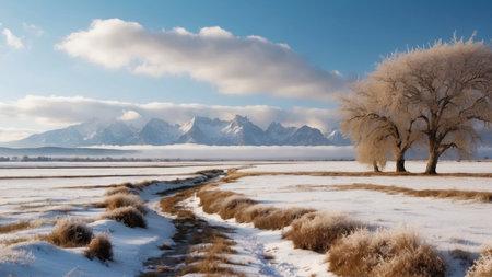Fantasy winter landscape with a frozen river and mountains in the backgroundの素材