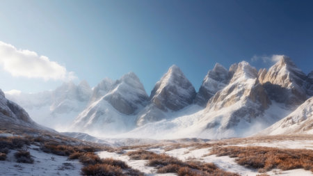 Fantasy winter landscape with a frozen river and mountains in the backgroundの素材