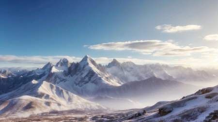 Fantasy winter landscape with a frozen river and mountains in the backgroundの素材