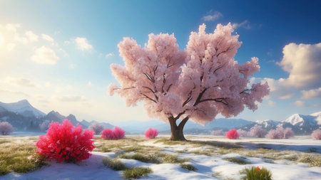 Beautiful cherry tree in winter landscape. 3d render illustration.の素材