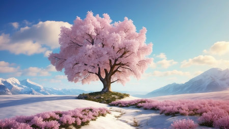 snowy landscape with pink cherry tree and blue sky. 3d renderingの素材