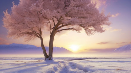 Fantasy landscape with mountains, meadow and blooming trees.の素材