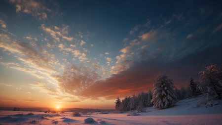 Beautiful winter landscape with snow covered trees and blue sky at sunsetの素材