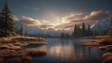 Beautiful lake in the mountains at sunset, 3d render.の素材