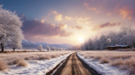 Beautiful winter landscape with snow covered trees and road at sunset.の素材