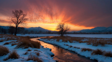 Sunset over a small river in winter with frozen grass and treesの素材
