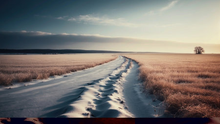 Beautiful winter landscape. Road through the field at sunset. Toned.の素材