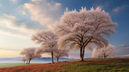 Frosty trees on the meadow at sunset. 3d renderの素材