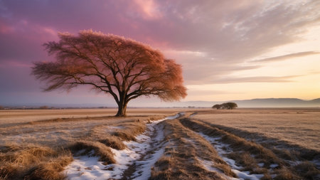 Beautiful winter landscape with lonely tree in the field at sunset.の素材