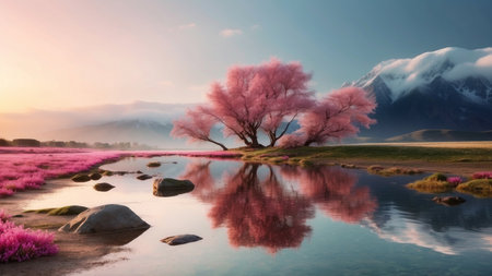 Beautiful spring landscape with pink sakura blossoms and lake at sunsetの素材