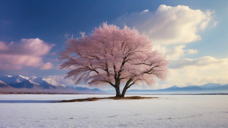 Sakura tree on the lake with snow and mountains in the background