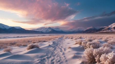 Fantasy winter landscape with a frozen river and mountains in the backgroundの素材