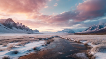 Icelandic winter landscape with frozen river and snowy mountains at sunsetの素材
