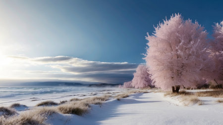Beautiful winter landscape with snow covered trees on the shore and blue skyの素材