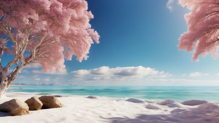 Beautiful seascape with pink sakura tree on the beachの素材