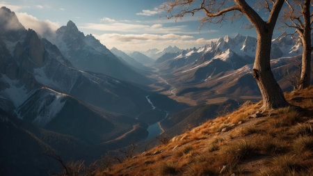 Panoramic view of the mountains and the river in the valleyの素材