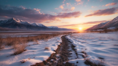 Beautiful winter landscape with frozen lake and snowy mountains at sunset.の素材