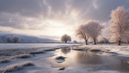 Winter landscape. Frosty trees on the shore of a frozen lake.の素材