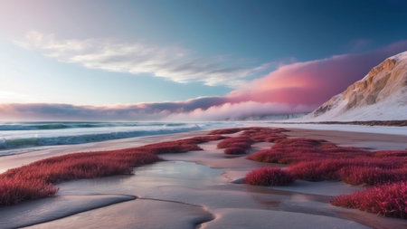 Beautiful seascape with red sand dunes at sunrise.の素材