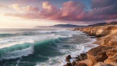 Beautiful seascape. Panoramic view of the beach at sunset.の素材