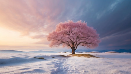 Pink cherry tree on a hill in the winter. Beautiful landscape.の素材