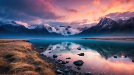 Beautiful mountain landscape with lake at sunset.の素材