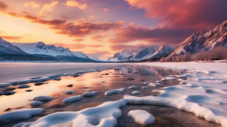 Beautiful winter landscape with frozen lake and snowy mountains at sunset.の素材