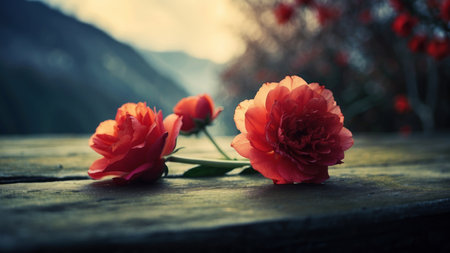 Beautiful red rose on a wooden table against the background of mountainsの素材