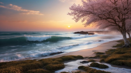 Cherry blossoms on the beach at sunset. Beautiful natural background.の素材