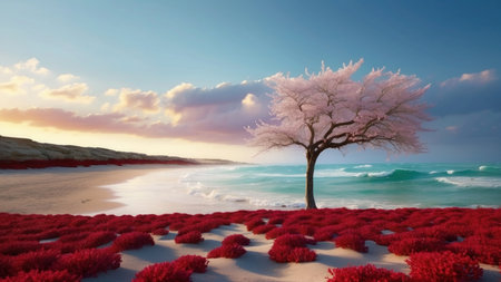 Cherry blossom tree on the beach at sunset. 3d renderの素材