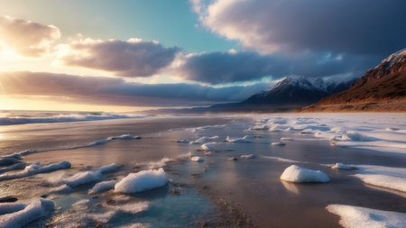 Icelandic winter landscape. Panoramic view of snow-capped mountain peaks at sunset.の素材