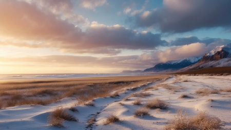 Beautiful winter landscape in Iceland. Panoramic view of snow covered fields and mountains.の素材