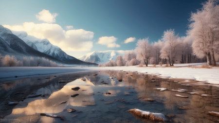 Beautiful winter landscape with frozen river and snow-capped mountainsの素材