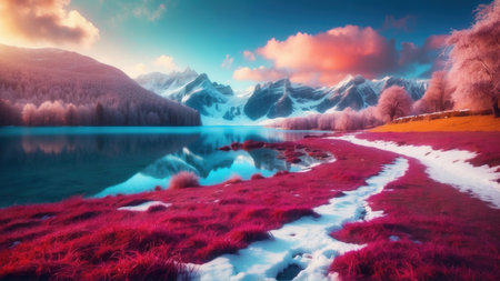 Foggy winter landscape with lake and trees. 3D renderingの素材