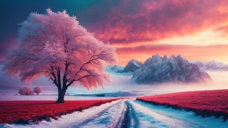 Foggy winter landscape with lake and trees. 3D renderingの素材