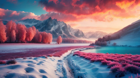 Foggy winter landscape with lake and trees. 3D renderingの素材