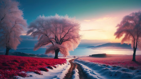 Foggy winter landscape with lake and trees. 3D renderingの素材