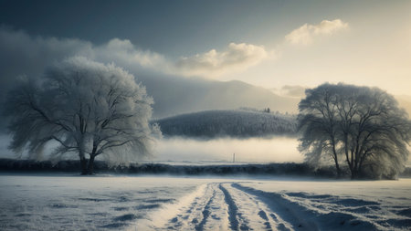 Foggy winter landscape with trees and foggy meadow.の素材