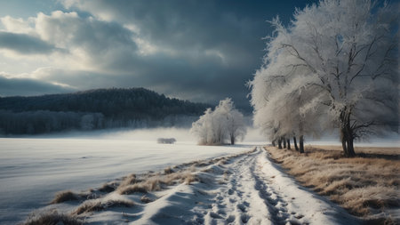 Winter landscape with road and trees covered with hoarfrost at sunsetの素材