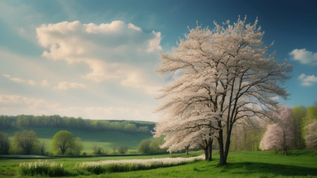 Beautiful spring landscape with blooming tree and meadow. Springtimeの素材