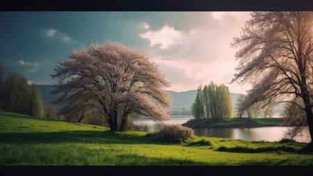 Cherry blossoms on the lake in springtime. Panoramaの素材