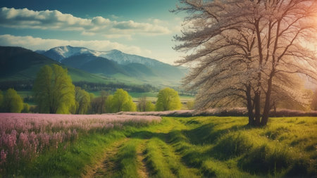 Beautiful spring landscape with blossoming meadow, trees and mountainsの素材