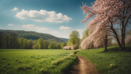 Spring landscape with blooming trees and meadows, retro tonedの素材