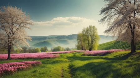 Beautiful spring landscape with blooming pink flowers and trees on the hillの素材
